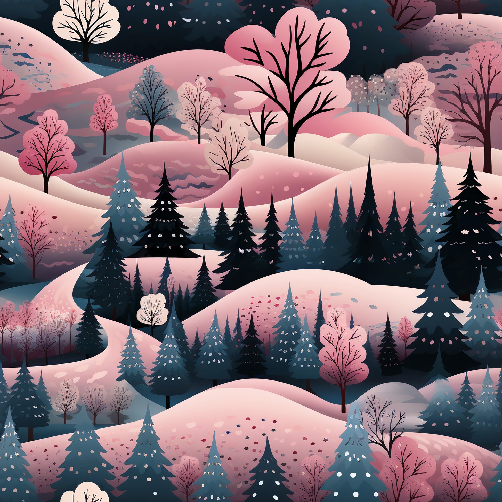 pink, coral, teal, navy, cream, winter landscape, snow covered hills, evergreen trees, deciduous trees, falling snow, rolling hills, forest scene, whimsical illustration, dreamy aesthetic, quilting cotton, fabric panel, christmas themed, winter wonderland, stylized trees, layered composition