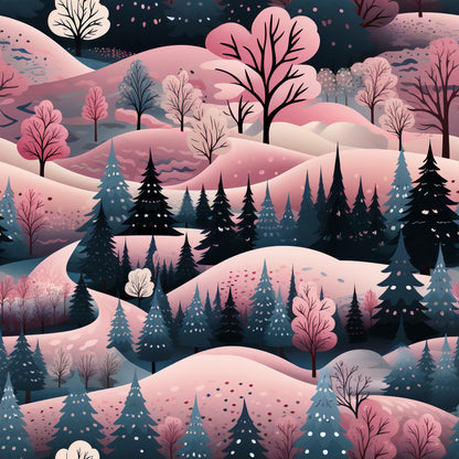 pink, coral, teal, navy, cream, winter landscape, snow covered hills, evergreen trees, deciduous trees, falling snow, rolling hills, forest scene, whimsical illustration, dreamy aesthetic, quilting cotton, fabric panel, christmas themed, winter wonderland, stylized trees, layered composition