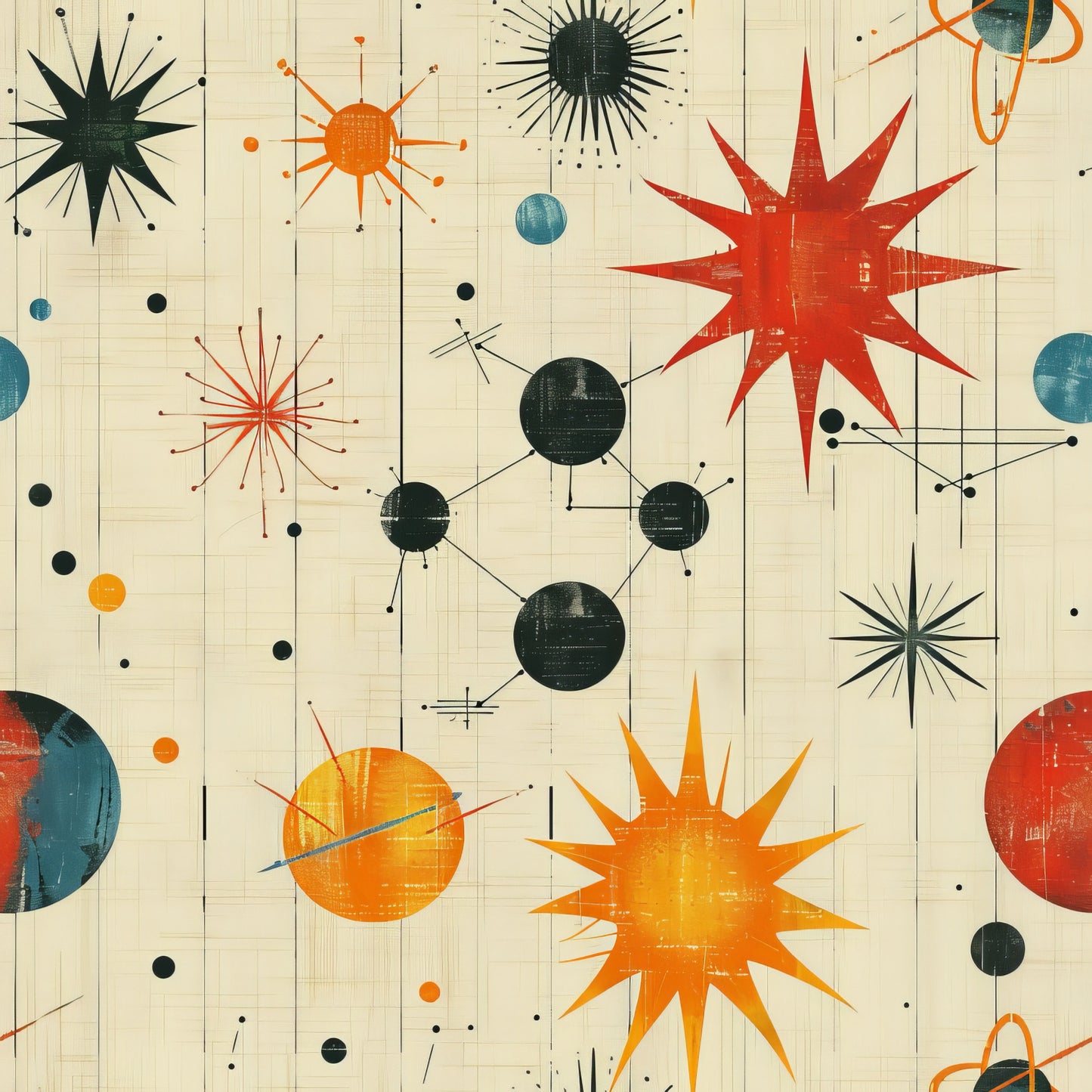 orange, red, teal, black, cream, beige, starburst, atomic, mid-century modern, retro, geometric, circles, spheres, radiating lines, space age, vintage, quilting cotton, fabric panel, 1950s style, modern design