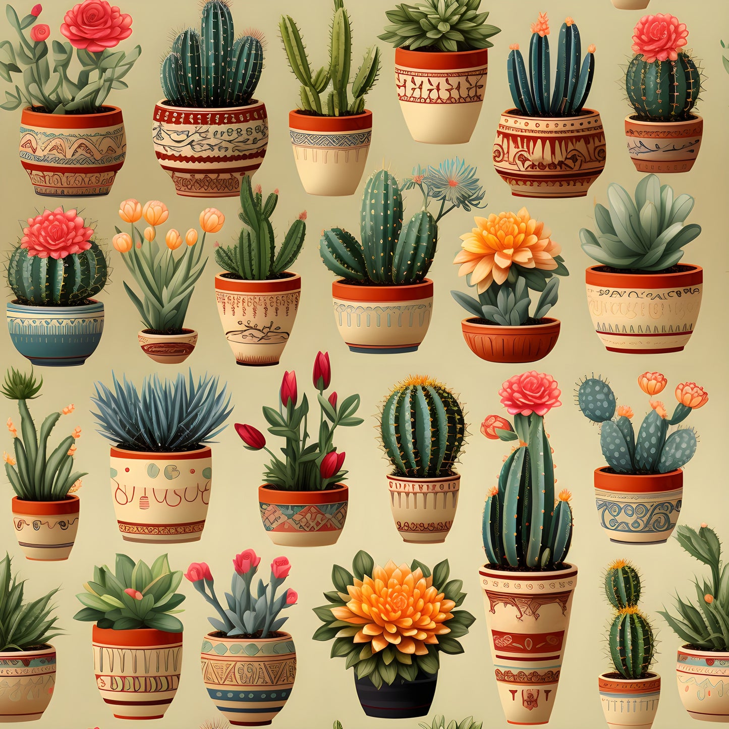 retro cactus, quilting cotton, fabric panel, succulent plants, desert plants, decorative pots, terra cotta planters, coral pink, sage green, burnt orange, cream background, southwestern style, botanical pattern, potted plants, flowering cacti, geometric pottery, vintage illustration, repetitive design, crafting fabric, sewing material