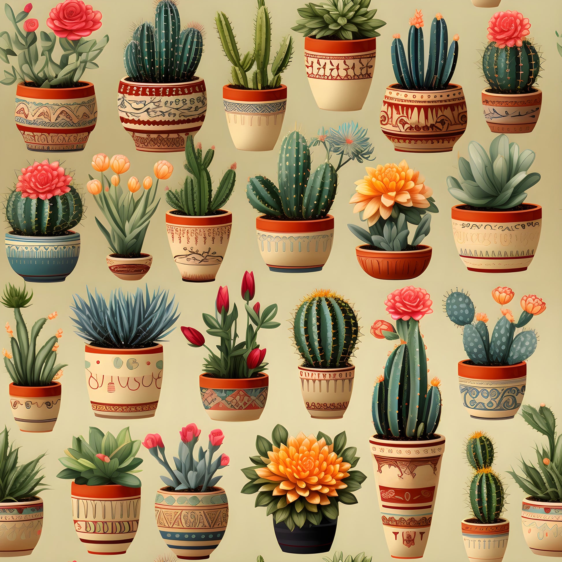 retro cactus, quilting cotton, fabric panel, succulent plants, desert plants, decorative pots, terra cotta planters, coral pink, sage green, burnt orange, cream background, southwestern style, botanical pattern, potted plants, flowering cacti, geometric pottery, vintage illustration, repetitive design, crafting fabric, sewing material