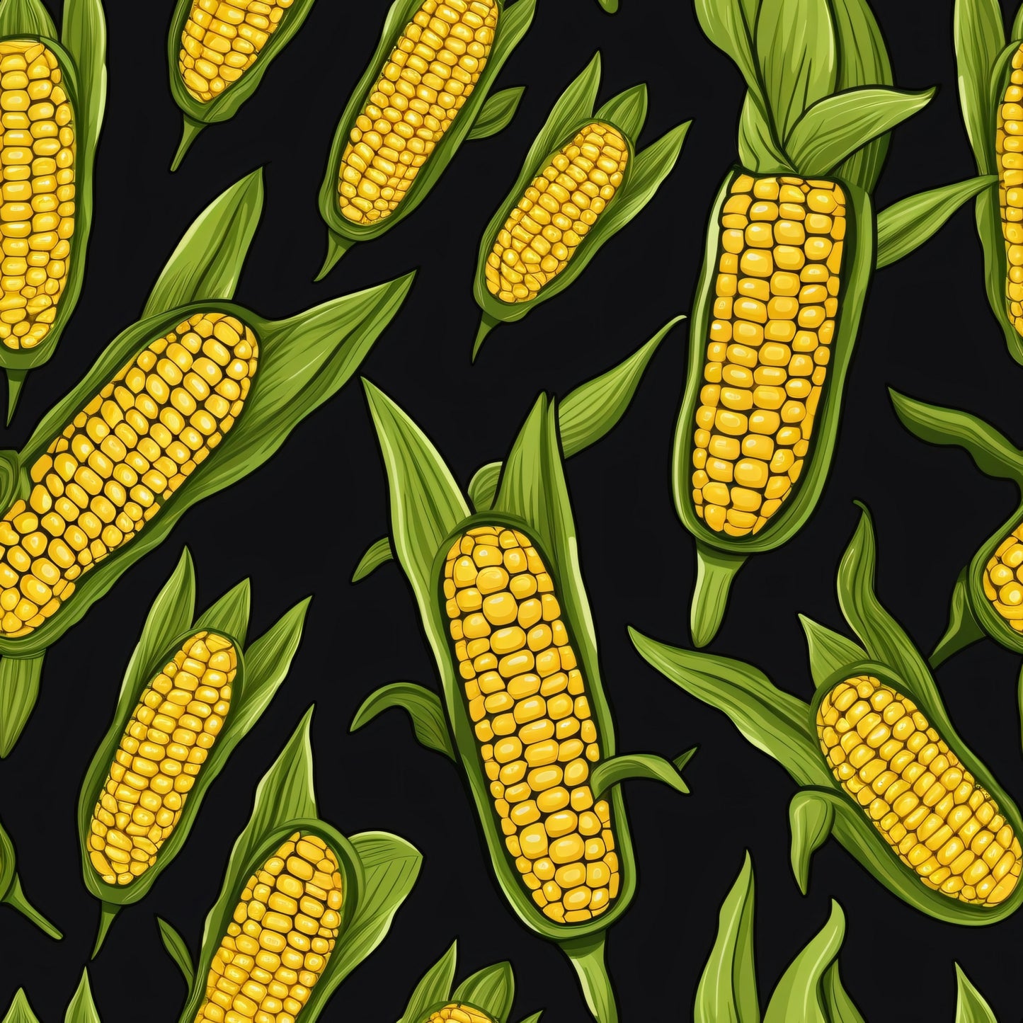 yellow corn, golden kernels, green husks, corn cobs, vegetable pattern, harvest theme, farm produce, botanical design, food illustration, black background, quilting cotton, fabric panel, autumn harvest, agricultural motif, realistic corn, scattered pattern, vibrant yellow, leaf green, farming theme, garden vegetables