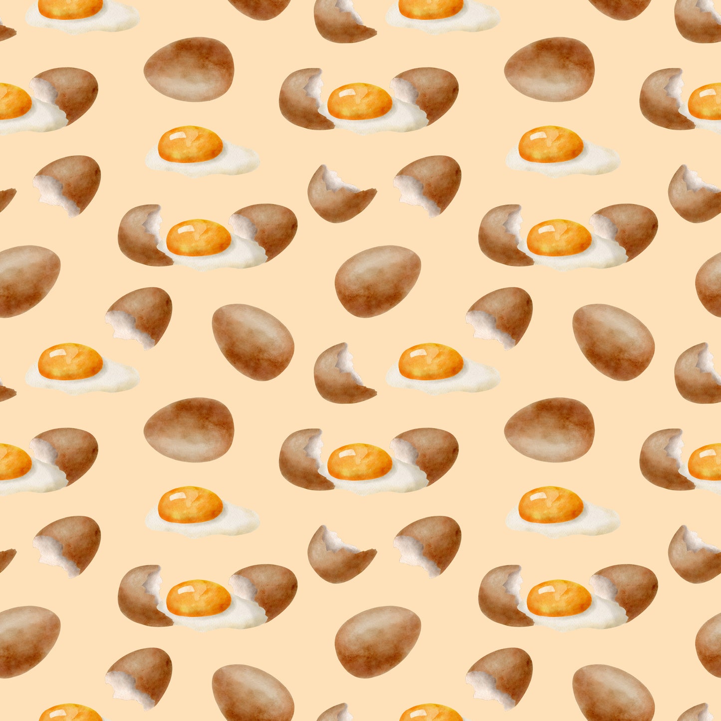 watercolor eggs, fried eggs, eggshells, breakfast food, cooking pattern, peach background, orange yolks, brown shells, white egg whites, food illustration, kitchen theme, culinary design, baking motif, repeating pattern, quilting cotton, fabric panel, soft pastels, morning meal, cooking ingredients, watercolor style