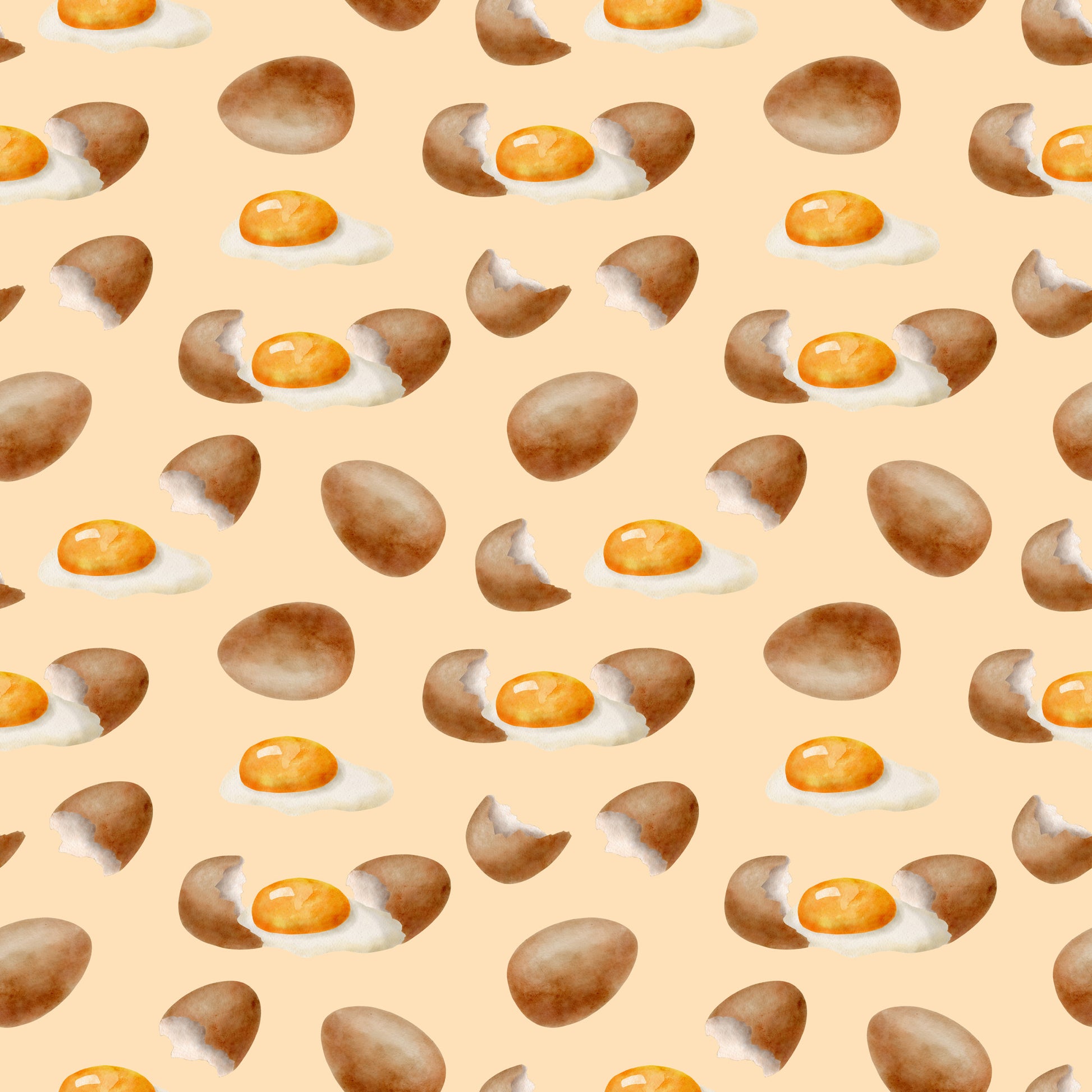 watercolor eggs, fried eggs, eggshells, breakfast food, cooking pattern, peach background, orange yolks, brown shells, white egg whites, food illustration, kitchen theme, culinary design, baking motif, repeating pattern, quilting cotton, fabric panel, soft pastels, morning meal, cooking ingredients, watercolor style