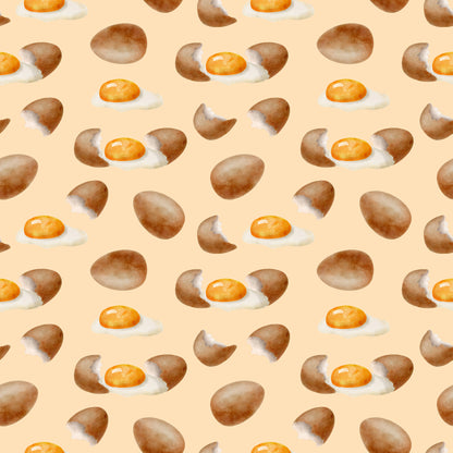 watercolor eggs, fried eggs, eggshells, breakfast food, cooking pattern, peach background, orange yolks, brown shells, white egg whites, food illustration, kitchen theme, culinary design, baking motif, repeating pattern, quilting cotton, fabric panel, soft pastels, morning meal, cooking ingredients, watercolor style