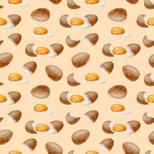 watercolor eggs, fried eggs, eggshells, breakfast food, cooking pattern, peach background, orange yolks, brown shells, white egg whites, food illustration, kitchen theme, culinary design, baking motif, repeating pattern, quilting cotton, fabric panel, soft pastels, morning meal, cooking ingredients, watercolor style