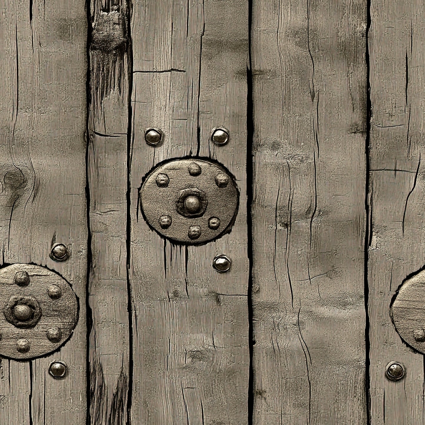 weathered wood, aged planks, rustic brown, taupe, beige, metal studs, circular medallions, distressed texture, barn wood, western theme, vintage finish, wood grain, metallic accents, rustic hardware, frontier style, antiqued surface, quilting cotton, fabric panel, cowboy aesthetic, old west