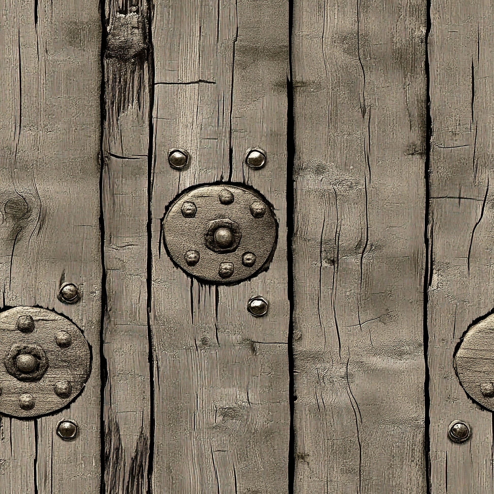 weathered wood, aged planks, rustic brown, taupe, beige, metal studs, circular medallions, distressed texture, barn wood, western theme, vintage finish, wood grain, metallic accents, rustic hardware, frontier style, antiqued surface, quilting cotton, fabric panel, cowboy aesthetic, old west
