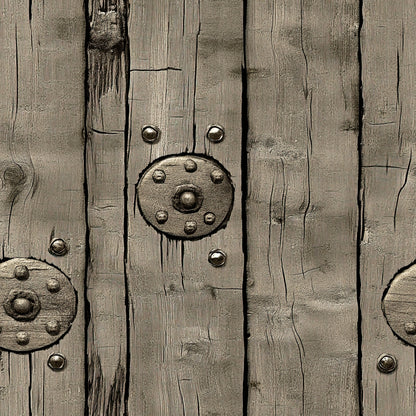 weathered wood, aged planks, rustic brown, taupe, beige, metal studs, circular medallions, distressed texture, barn wood, western theme, vintage finish, wood grain, metallic accents, rustic hardware, frontier style, antiqued surface, quilting cotton, fabric panel, cowboy aesthetic, old west