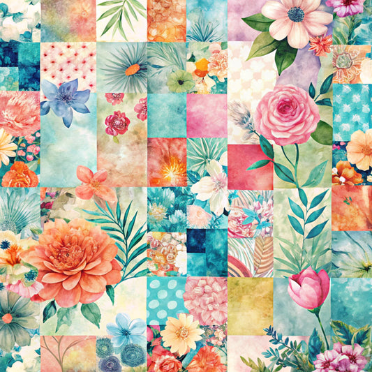 spring patchwork, quilting cotton, fabric panel, floral motifs, watercolor style, coral pink, turquoise blue, sage green, peach orange, lavender purple, botanical elements, roses, dahlias, tropical leaves, geometric squares, mixed patterns, soft pastels, bright florals, nature inspired, garden flowers