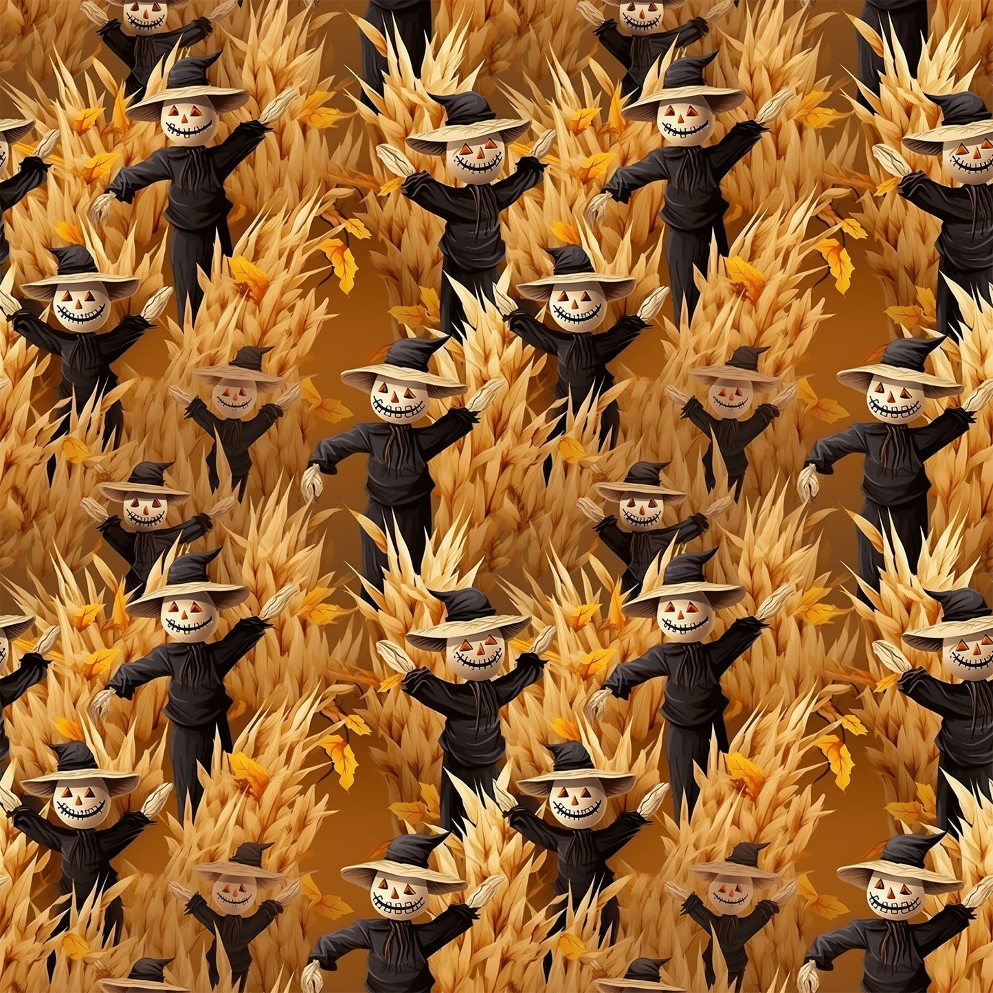 scarecrows, pumpkin heads, autumn harvest, corn stalks, golden yellow, burnt orange, black clothing, witch hats, grinning faces, spooky smiles, halloween theme, fall season, quilting cotton, fabric panel, repeating pattern, harvest scene, orange background, seasonal motif, creepy characters, autumn colors