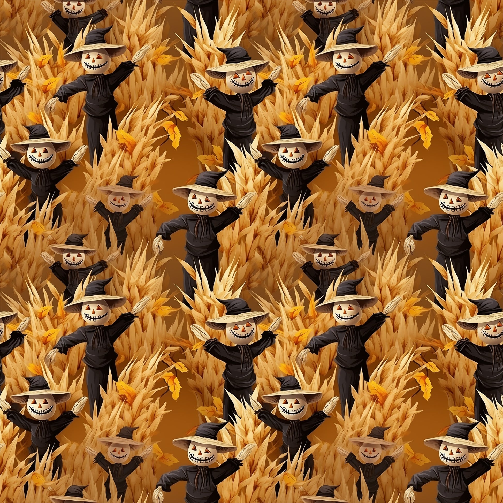 scarecrows, pumpkin heads, autumn harvest, corn stalks, golden yellow, burnt orange, black clothing, witch hats, grinning faces, spooky smiles, halloween theme, fall season, quilting cotton, fabric panel, repeating pattern, harvest scene, orange background, seasonal motif, creepy characters, autumn colors