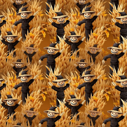 scarecrows, pumpkin heads, autumn harvest, corn stalks, golden yellow, burnt orange, black clothing, witch hats, grinning faces, spooky smiles, halloween theme, fall season, quilting cotton, fabric panel, repeating pattern, harvest scene, orange background, seasonal motif, creepy characters, autumn colors