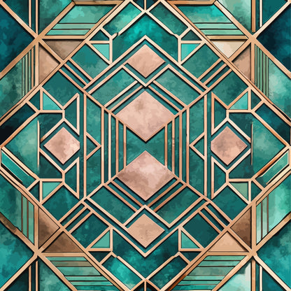 teal, emerald green, copper, rose gold, geometric pattern, art deco, diamond shapes, angular lines, symmetrical design, metallic accents, vintage style, luxurious, sophisticated, quilting cotton, fabric panel, repeating motif, ornamental, decorative borders, chevron elements, jewel tones