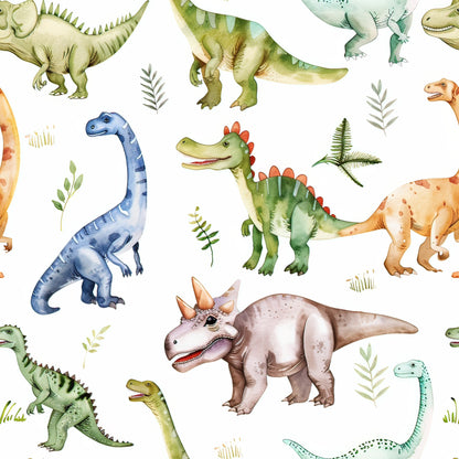 • Watercolor Dinosaurs Pattern 2 Quilting Cotton Fabric  
• Dinosaurs, prehistoric, reptiles  
• Green, blue, orange, beige, brown, pastel colors  
• Leaf motifs, fern accents  
• Cotton, quilting, yardage  
• Soft texture, natural fibers  
• Whimsical, playful, children’s fabric  
• Artistic, hand-painted, colorful illustrations