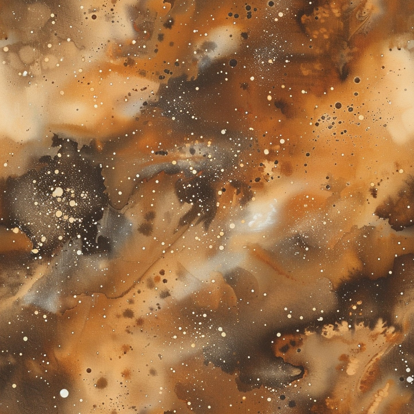 brown, orange, cream, beige, galaxy pattern, cosmic design, space theme, painted effect, watercolor style, abstract swirls, celestial motif, nebula inspired, quilting cotton, fabric panel, starry dots, astronomical print, dreamy atmosphere, flowing clouds, marbled texture, cotton fabric