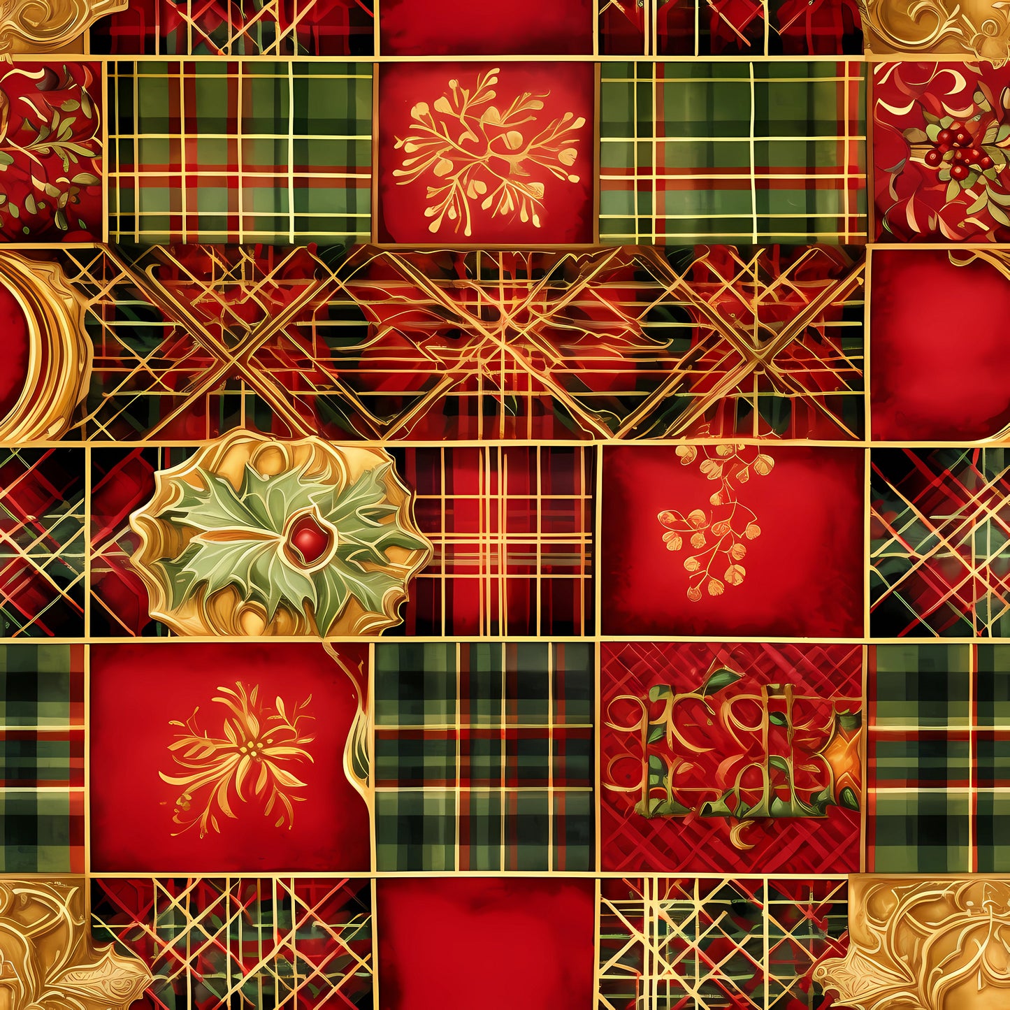 red, green, gold, christmas, tartan plaid, holly leaves, mistletoe, berries, ornate flourishes, patchwork squares, geometric patterns, crosshatch design, botanical motifs, festive, holiday fabric, quilting cotton, fabric panel, rich colors, decorative elements, seasonal pattern