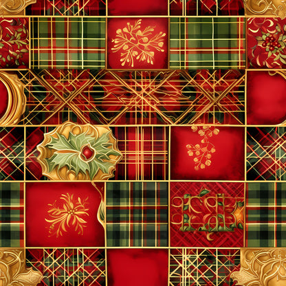 red, green, gold, christmas, tartan plaid, holly leaves, mistletoe, berries, ornate flourishes, patchwork squares, geometric patterns, crosshatch design, botanical motifs, festive, holiday fabric, quilting cotton, fabric panel, rich colors, decorative elements, seasonal pattern