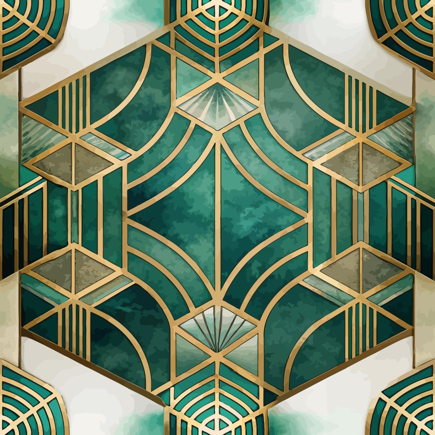 emerald green, gold accents, art deco geometric, hexagonal pattern, fan motifs, marble texture, metallic gold lines, symmetrical design, luxury pattern, quilting cotton, fabric panel, vintage style, geometric repeats, jewel tones, sophisticated pattern, angular designs, decorative motifs, repeating hexagons, ornate detailing