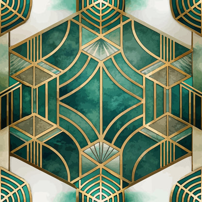 emerald green, gold accents, art deco geometric, hexagonal pattern, fan motifs, marble texture, metallic gold lines, symmetrical design, luxury pattern, quilting cotton, fabric panel, vintage style, geometric repeats, jewel tones, sophisticated pattern, angular designs, decorative motifs, repeating hexagons, ornate detailing