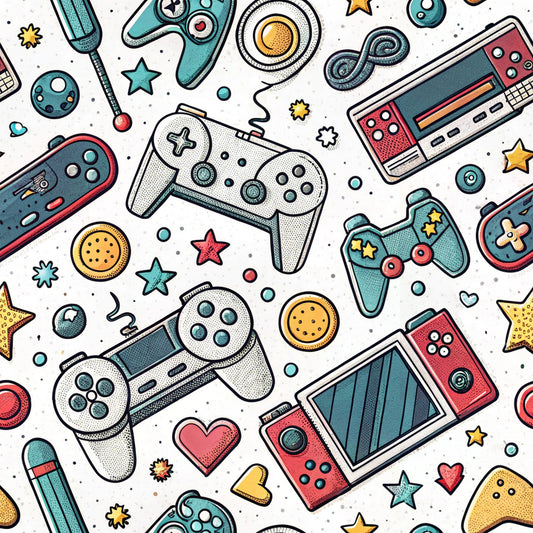 gaming controllers, video game consoles, retro gaming, modern pattern, teal, coral pink, yellow accents, white background, scattered design, gaming theme, electronic devices, playful illustration, cartoon style, geometric shapes, stars, hearts, circles, quilting cotton, fabric panel, nostalgic gaming, tech pattern