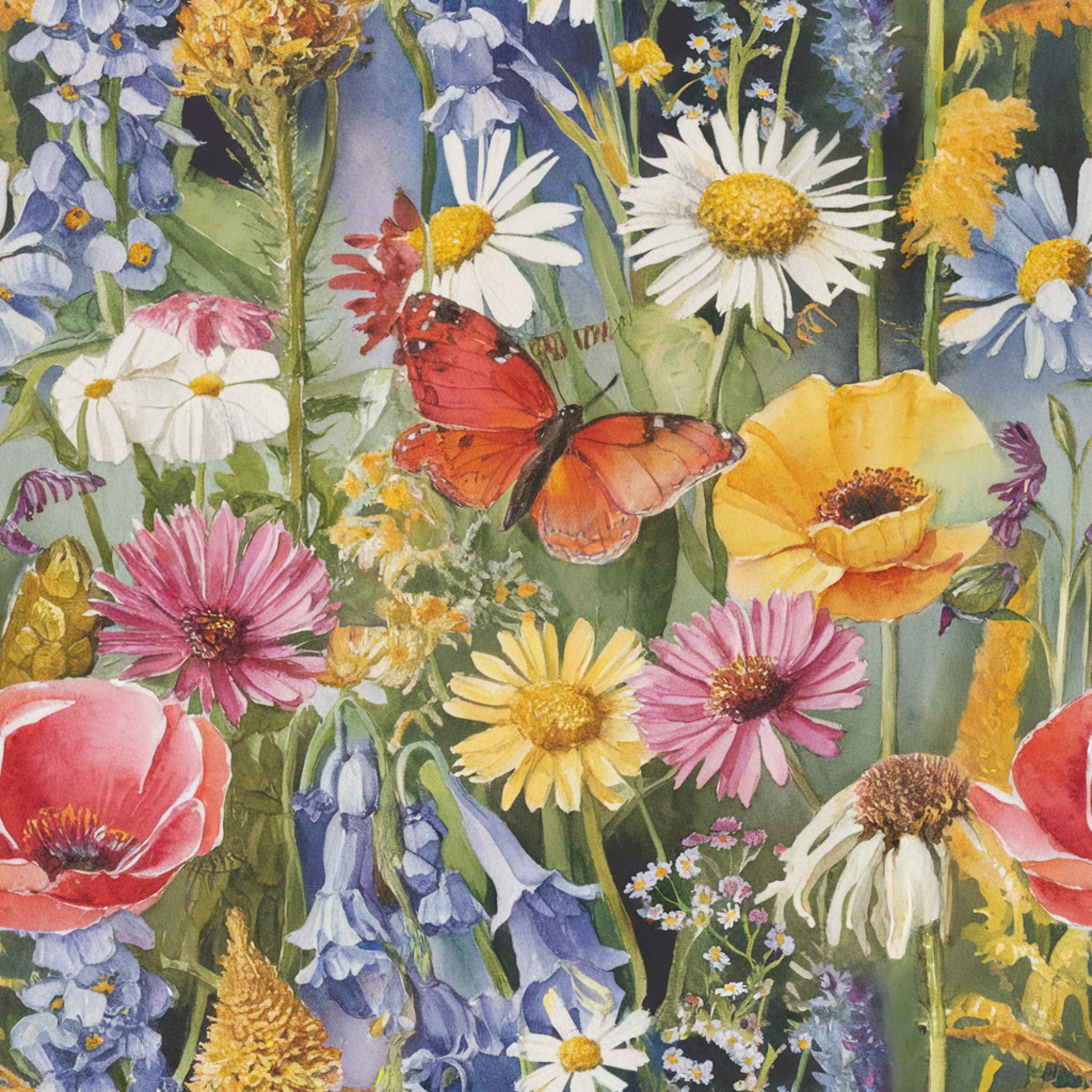 wildflower meadow, botanical illustration, orange butterfly, white daisies, pink cosmos, yellow poppies, blue lupines, red poppies, purple flowers, watercolor style, nature scene, spring garden, summer blooms, quilting cotton, fabric panel, floral motif, realistic flowers, garden fantasy, bright colors, mixed wildflowers