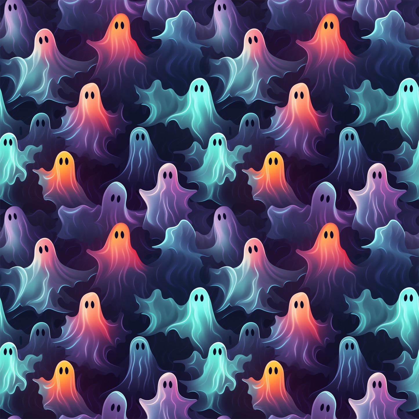 ghosts, halloween pattern, quilting cotton, fabric panel, purple, orange, teal, pink, blue, gradient colors, spooky characters, floating ghosts, seamless repeat, whimsical style, supernatural theme, october holiday, colorful spirits, ethereal beings, haunting design, festive halloween