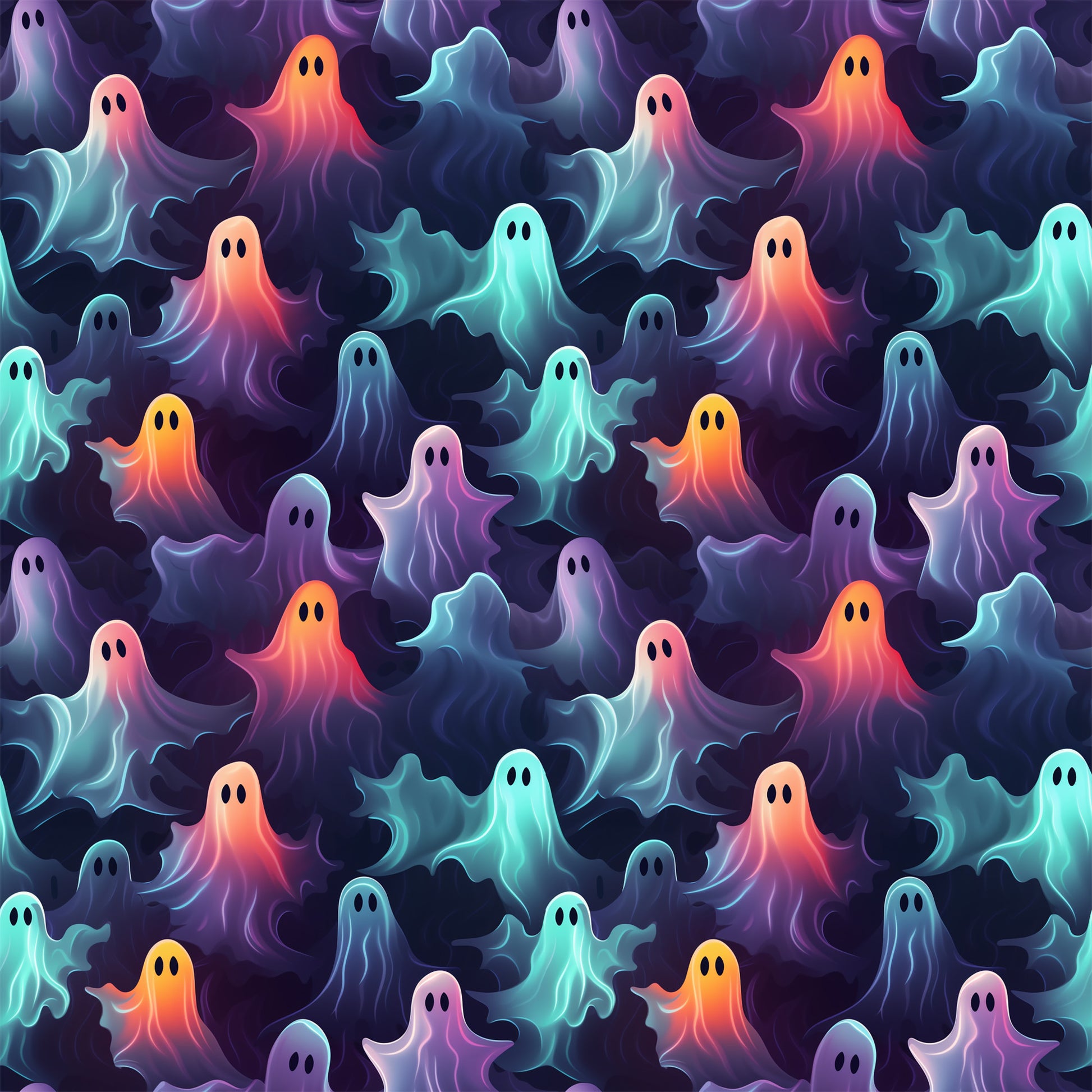 ghosts, halloween pattern, quilting cotton, fabric panel, purple, orange, teal, pink, blue, gradient colors, spooky characters, floating ghosts, seamless repeat, whimsical style, supernatural theme, october holiday, colorful spirits, ethereal beings, haunting design, festive halloween
