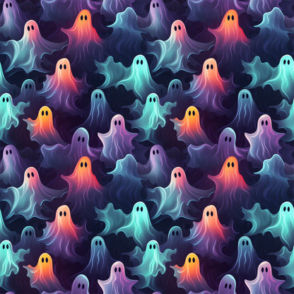 ghosts, halloween pattern, quilting cotton, fabric panel, purple, orange, teal, pink, blue, gradient colors, spooky characters, floating ghosts, seamless repeat, whimsical style, supernatural theme, october holiday, colorful spirits, ethereal beings, haunting design, festive halloween