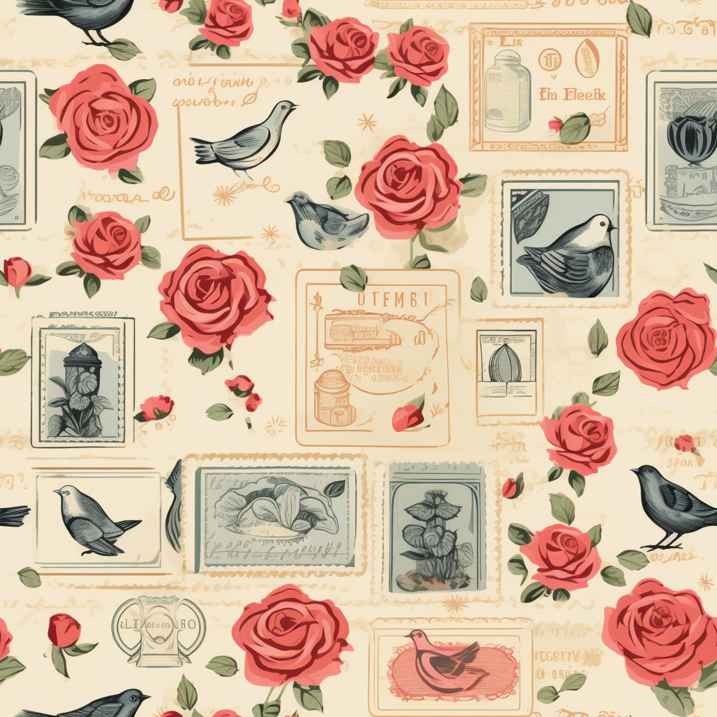 cream background, coral roses, vintage stamps, birds, postmarks, botanical illustrations, romantic florals, quilting cotton, fabric panel, nostalgic design, postal theme, pink flowers, green leaves, antique style, letter motifs, nature elements, soft pastels, scattered pattern, vintage ephemera, crafting fabric