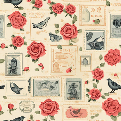 cream background, coral roses, vintage stamps, birds, postmarks, botanical illustrations, romantic florals, quilting cotton, fabric panel, nostalgic design, postal theme, pink flowers, green leaves, antique style, letter motifs, nature elements, soft pastels, scattered pattern, vintage ephemera, crafting fabric