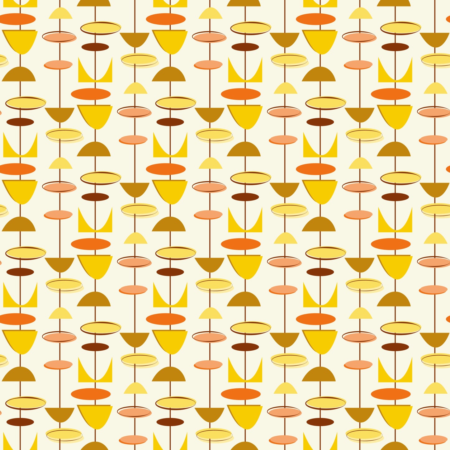orange, yellow, brown, beige, cream, geometric shapes, circles, ovals, triangles, mid-century modern, atomic age, retro, vintage style, abstract pattern, repeating motif, warm colors, modernist design, quilting cotton, fabric panel, 1950s inspired, contemporary geometric