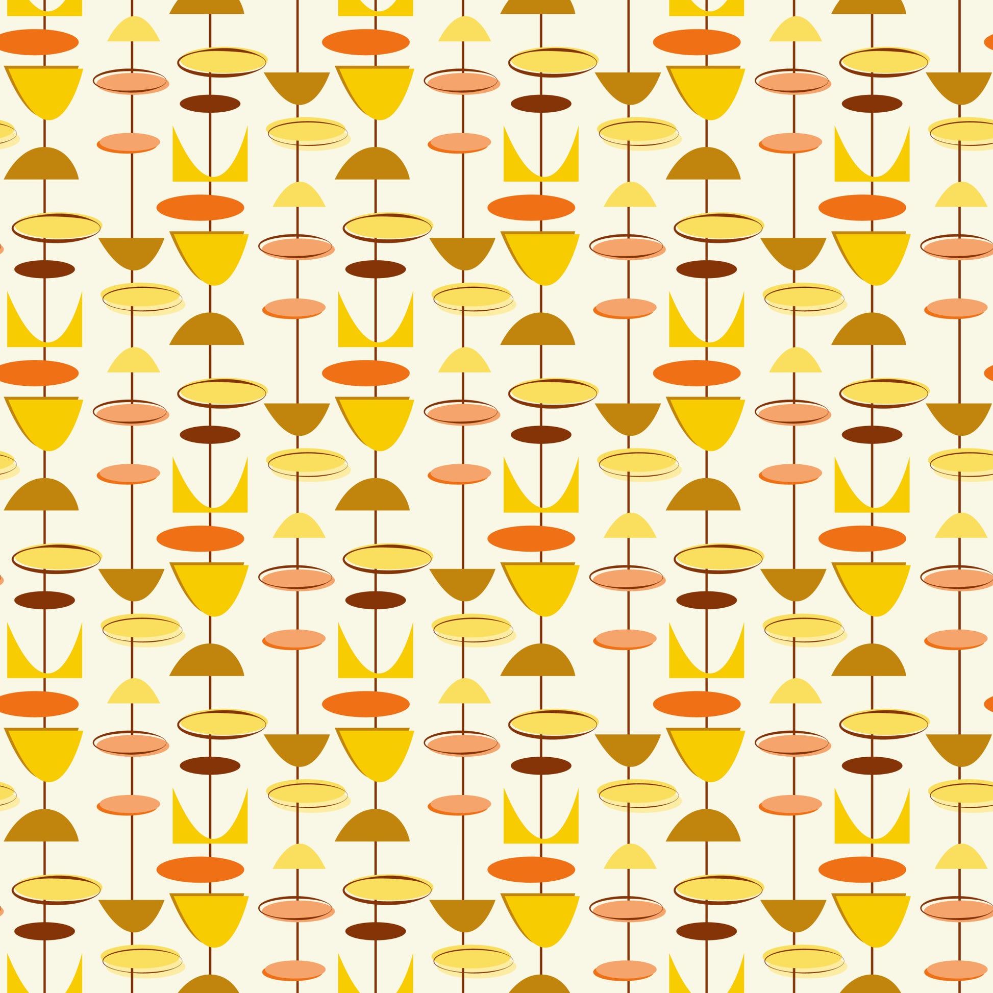orange, yellow, brown, beige, cream, geometric shapes, circles, ovals, triangles, mid-century modern, atomic age, retro, vintage style, abstract pattern, repeating motif, warm colors, modernist design, quilting cotton, fabric panel, 1950s inspired, contemporary geometric