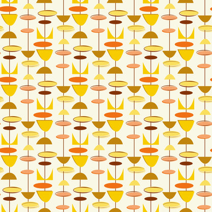 orange, yellow, brown, beige, cream, geometric shapes, circles, ovals, triangles, mid-century modern, atomic age, retro, vintage style, abstract pattern, repeating motif, warm colors, modernist design, quilting cotton, fabric panel, 1950s inspired, contemporary geometric