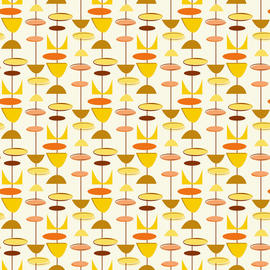 orange, yellow, brown, beige, cream, geometric shapes, circles, ovals, triangles, mid-century modern, atomic age, retro, vintage style, abstract pattern, repeating motif, warm colors, modernist design, quilting cotton, fabric panel, 1950s inspired, contemporary geometric