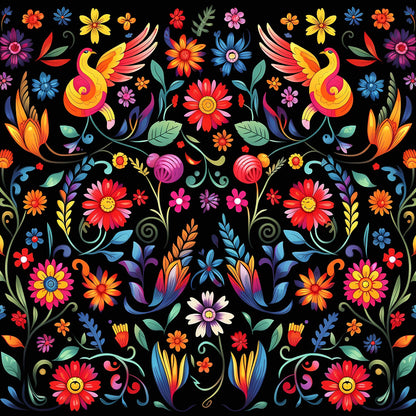 mexican floral, folk art, vibrant colors, red flowers, yellow blooms, blue petals, orange blossoms, pink flowers, purple accents, green leaves, black background, decorative birds, swirling vines, symmetrical pattern, quilting cotton, fabric panel, festive design, botanical motifs, colorful embroidery style, floral fiesta