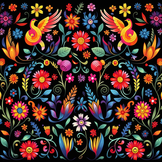 mexican floral, folk art, vibrant colors, red flowers, yellow blooms, blue petals, orange blossoms, pink flowers, purple accents, green leaves, black background, decorative birds, swirling vines, symmetrical pattern, quilting cotton, fabric panel, festive design, botanical motifs, colorful embroidery style, floral fiesta