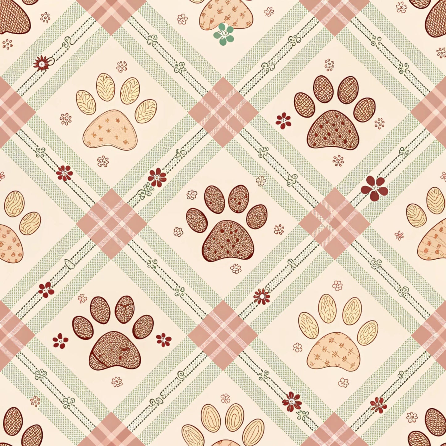 dog paws, paw prints, quilting cotton, fabric panel, plaid pattern, gingham checks, floral motifs, cream background, sage green, dusty rose, burgundy, brown tones, pet themed, diamond lattice, country style, pastoral design, checkered borders, animal prints, quilting fabric, cotton material