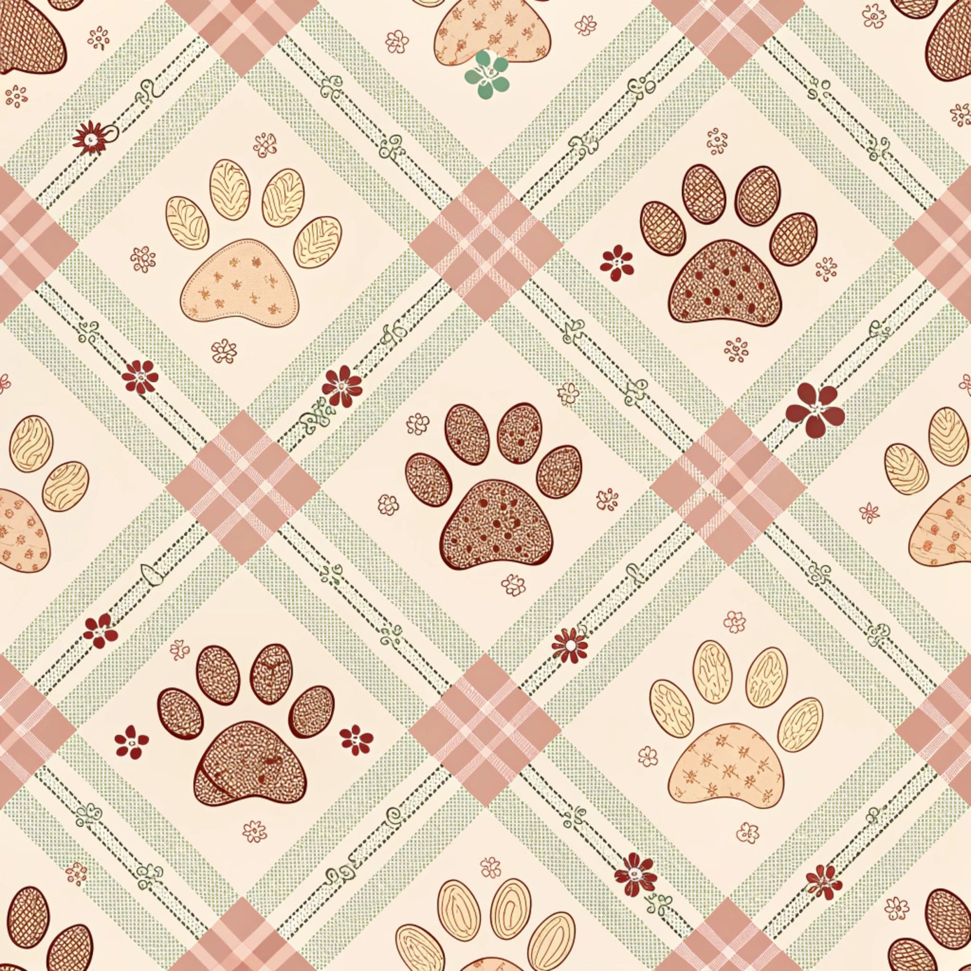 dog paws, paw prints, quilting cotton, fabric panel, plaid pattern, gingham checks, floral motifs, cream background, sage green, dusty rose, burgundy, brown tones, pet themed, diamond lattice, country style, pastoral design, checkered borders, animal prints, quilting fabric, cotton material