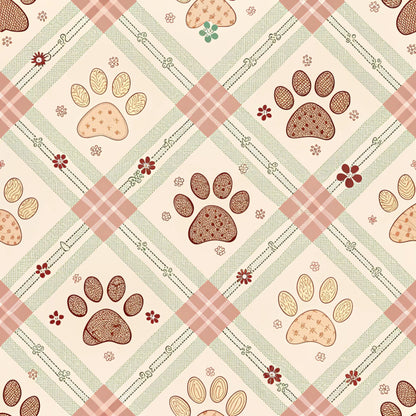 dog paws, paw prints, quilting cotton, fabric panel, plaid pattern, gingham checks, floral motifs, cream background, sage green, dusty rose, burgundy, brown tones, pet themed, diamond lattice, country style, pastoral design, checkered borders, animal prints, quilting fabric, cotton material