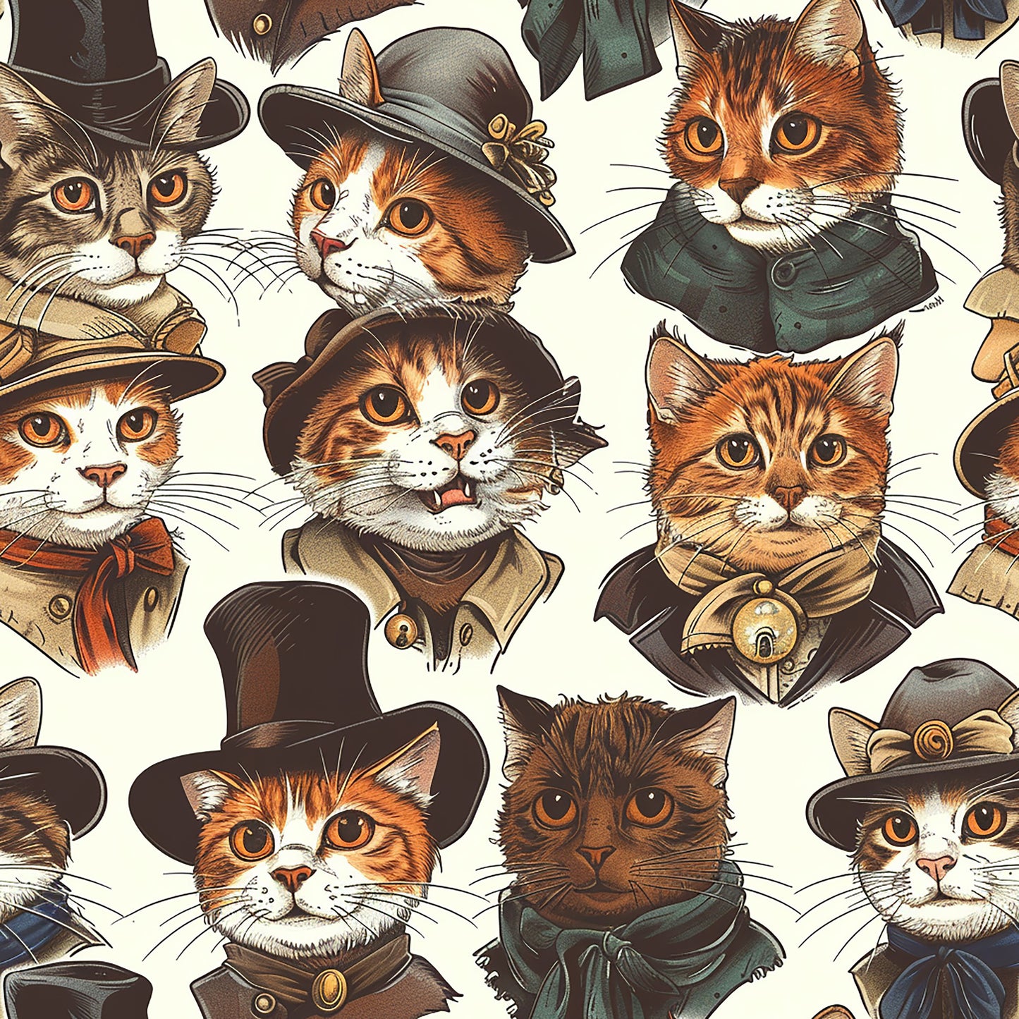 victorian cats, orange tabby, brown cats, white cats, vintage hats, bow ties, formal attire, period clothing, whimsical pattern, repeating design, quilting cotton, fabric panel, anthropomorphic animals, steampunk style, amber eyes, whiskers, feline portraits, earth tones, cream background, novelty print