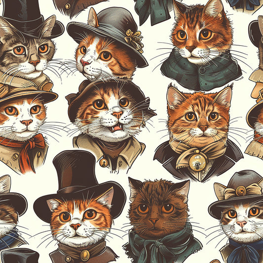 victorian cats, orange tabby, brown cats, white cats, vintage hats, bow ties, formal attire, period clothing, whimsical pattern, repeating design, quilting cotton, fabric panel, anthropomorphic animals, steampunk style, amber eyes, whiskers, feline portraits, earth tones, cream background, novelty print