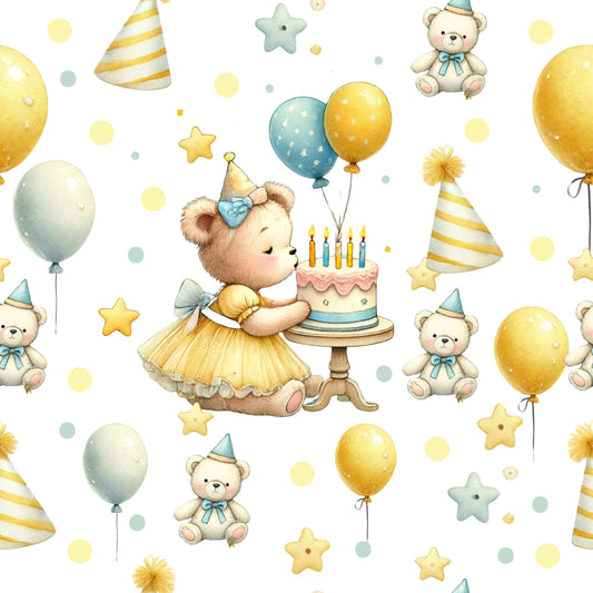 teddy bears, birthday celebration, balloons, party hats, birthday cake, candles, yellow tulle dress, pastel colors, mint green, soft yellow, watercolor style, stars, polka dots, striped hats, bow tie, quilting cotton, fabric panel, whimsical pattern, children's fabric, nursery theme, celebration motif