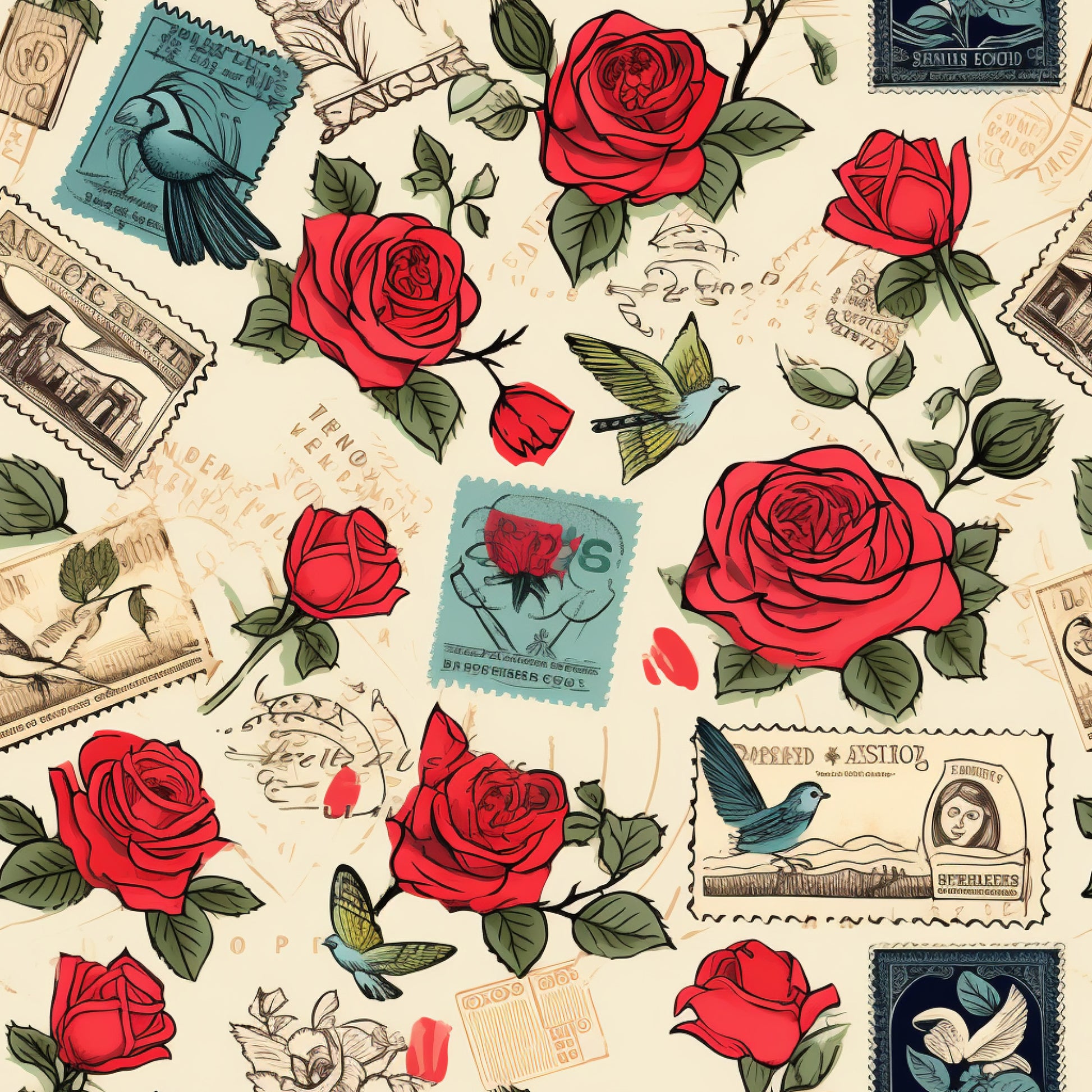 vintage stamps, red roses, quilting cotton, fabric panel, hummingbirds, postal theme, cream background, green leaves, romantic motifs, floral pattern, postmark designs, bird illustrations, rose blooms, nostalgic style, cotton fabric, quilting material, stamped letters, botanical elements, vintage aesthetic, love theme