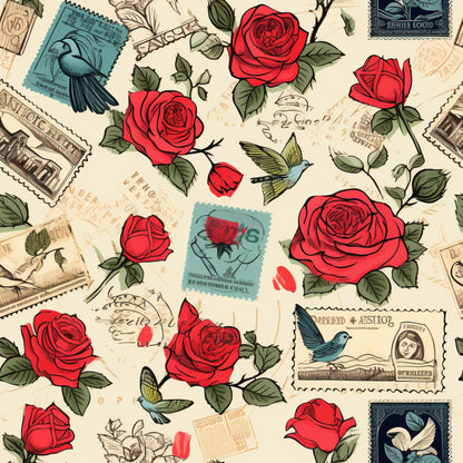vintage stamps, red roses, quilting cotton, fabric panel, hummingbirds, postal theme, cream background, green leaves, romantic motifs, floral pattern, postmark designs, bird illustrations, rose blooms, nostalgic style, cotton fabric, quilting material, stamped letters, botanical elements, vintage aesthetic, love theme