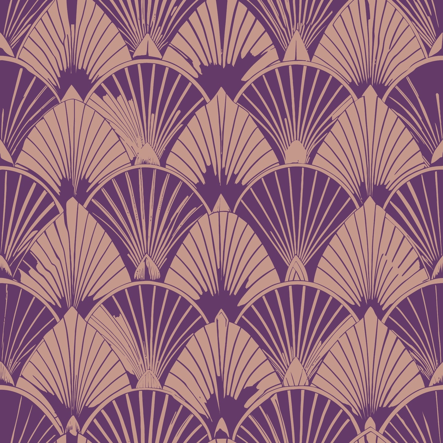 purple, beige, tan, art deco, fan pattern, geometric design, repeating motifs, radiating lines, scalloped shapes, vintage style, 1920s inspired, elegant pattern, quilting cotton, fabric panel, stylized fans, symmetrical design, decorative motifs, layered pattern, sophisticated palette