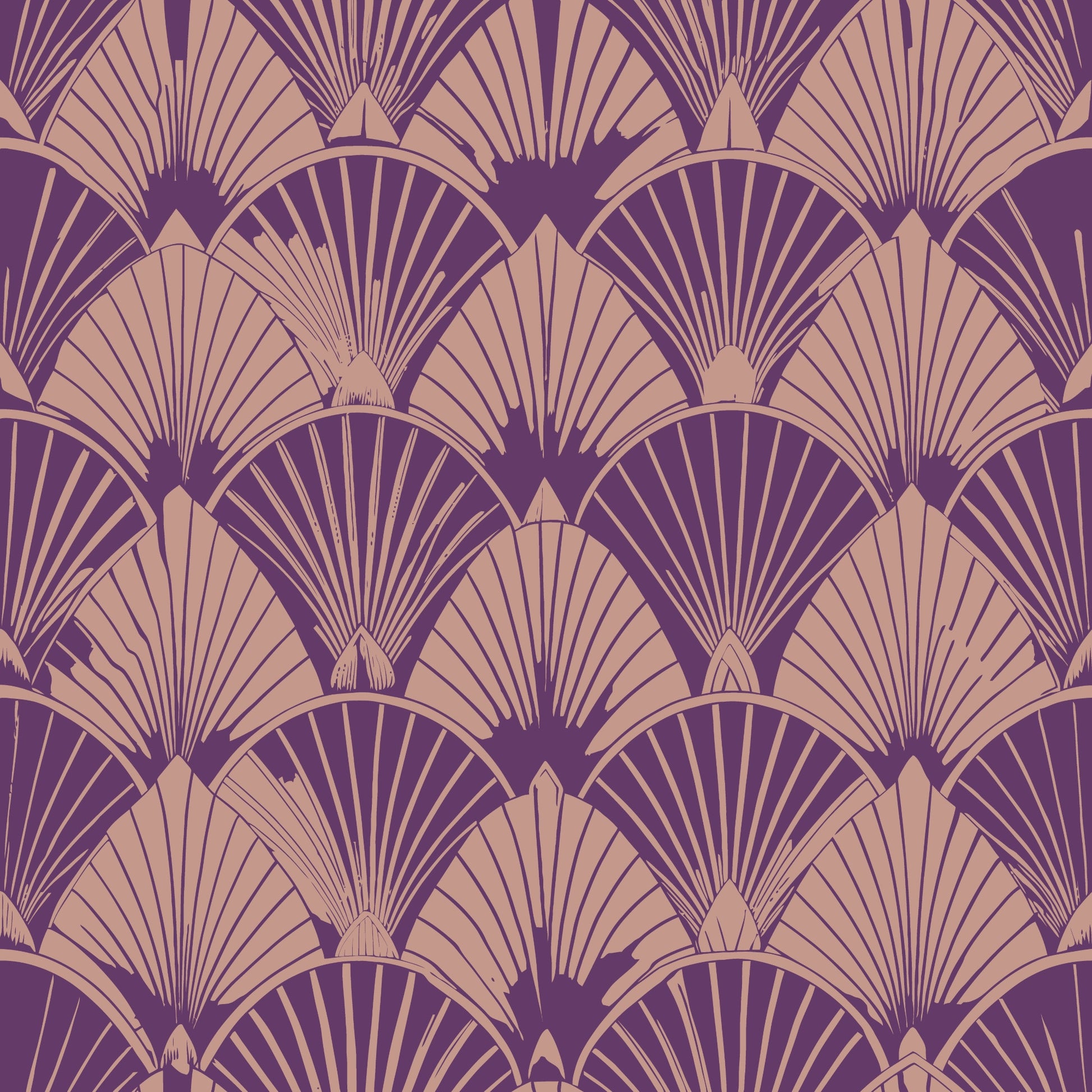 purple, beige, tan, art deco, fan pattern, geometric design, repeating motifs, radiating lines, scalloped shapes, vintage style, 1920s inspired, elegant pattern, quilting cotton, fabric panel, stylized fans, symmetrical design, decorative motifs, layered pattern, sophisticated palette