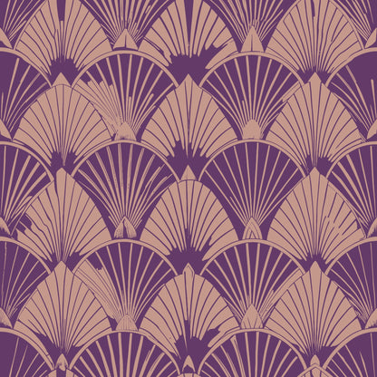 purple, beige, tan, art deco, fan pattern, geometric design, repeating motifs, radiating lines, scalloped shapes, vintage style, 1920s inspired, elegant pattern, quilting cotton, fabric panel, stylized fans, symmetrical design, decorative motifs, layered pattern, sophisticated palette