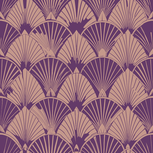 purple, beige, tan, art deco, fan pattern, geometric design, repeating motifs, radiating lines, scalloped shapes, vintage style, 1920s inspired, elegant pattern, quilting cotton, fabric panel, stylized fans, symmetrical design, decorative motifs, layered pattern, sophisticated palette