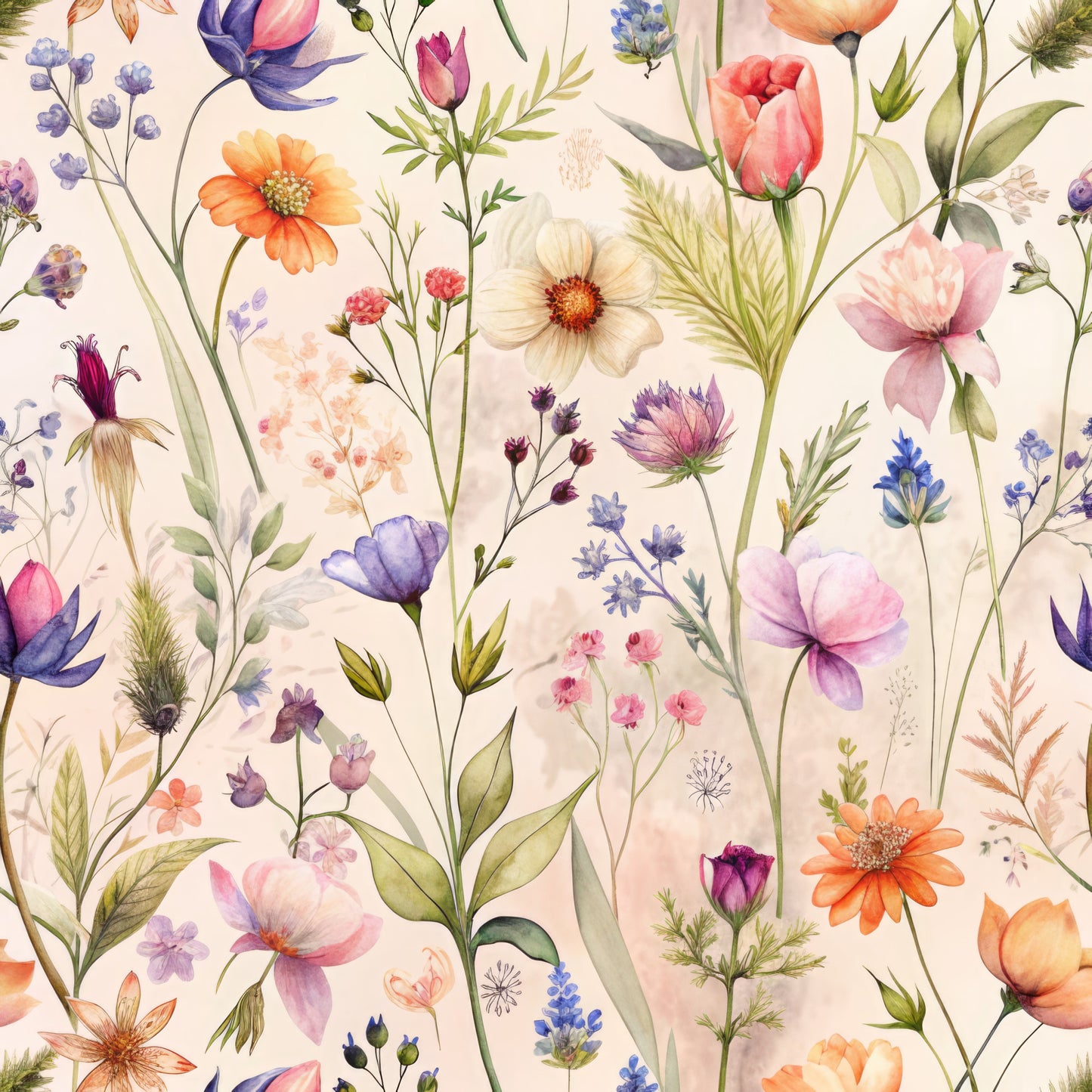 watercolor wildflowers, botanical pattern, pastel colors, pink blooms, purple flowers, orange daisies, blue blossoms, delicate stems, meadow flowers, soft background, floral illustration, quilting cotton, fabric panel, nature motifs, spring florals, whimsical style, scattered blooms, garden flowers, textile design, crafting material